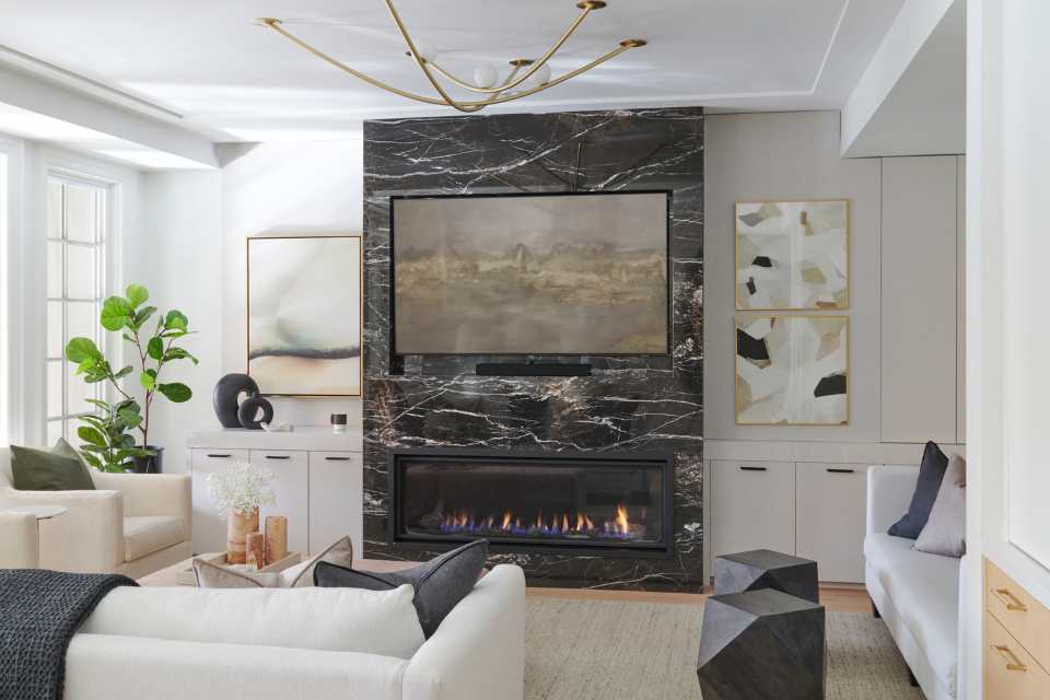 neutral colour palette in modern living room with great marble fireplace